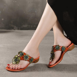 Orange Floral Cowhide Leather Thong Flip Flops JB210617
