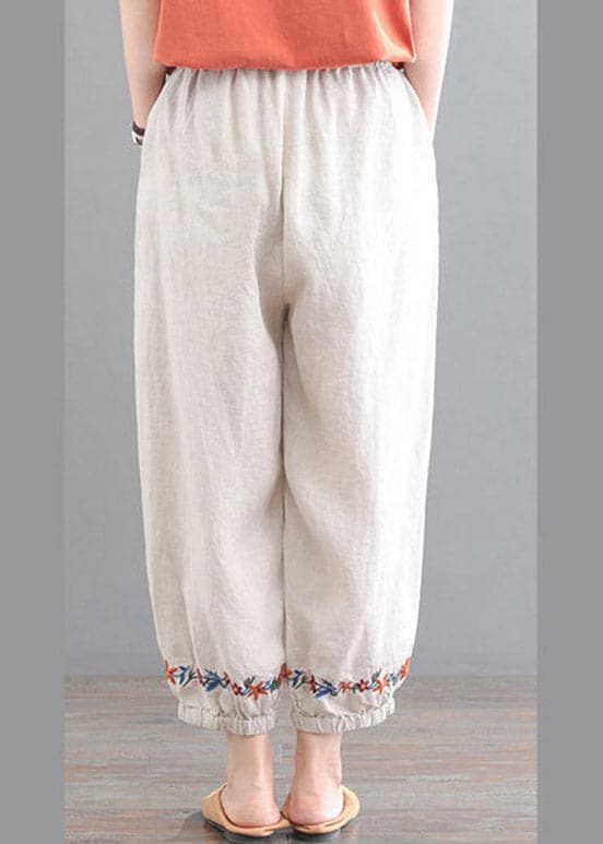 Organic Beige Embroideried Floral Pockets Crop Pants Summer GK-CPTS220419