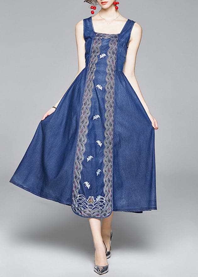 Organic Blue Cinched Embroideried zippered Spaghetti Strap Cotton Denim Dress Spring NZ-SDL220304