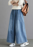 Organic Light Blue Elastic Waist Pockets Cotton Wide Leg Denim Pants Spring NZ-LPTS22060701