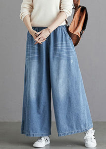 Organic Light Blue Elastic Waist Pockets Cotton Wide Leg Denim Pants Spring NZ-LPTS22060701