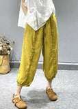 Organic Yellow Ruffled Pockets Linen Crop Pants Summer gk-CPTS220722