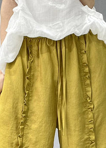 Organic Yellow Ruffled Pockets Linen Crop Pants Summer gk-CPTS220722