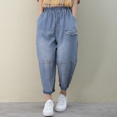 Organic denim blue vintage elastic waist patchwork pants WG-LPTS200601