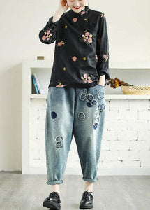 Plus Size Black Embroideried Stand Collar Button Fall Floral Long Sleeve Shirt GK-LTP210819