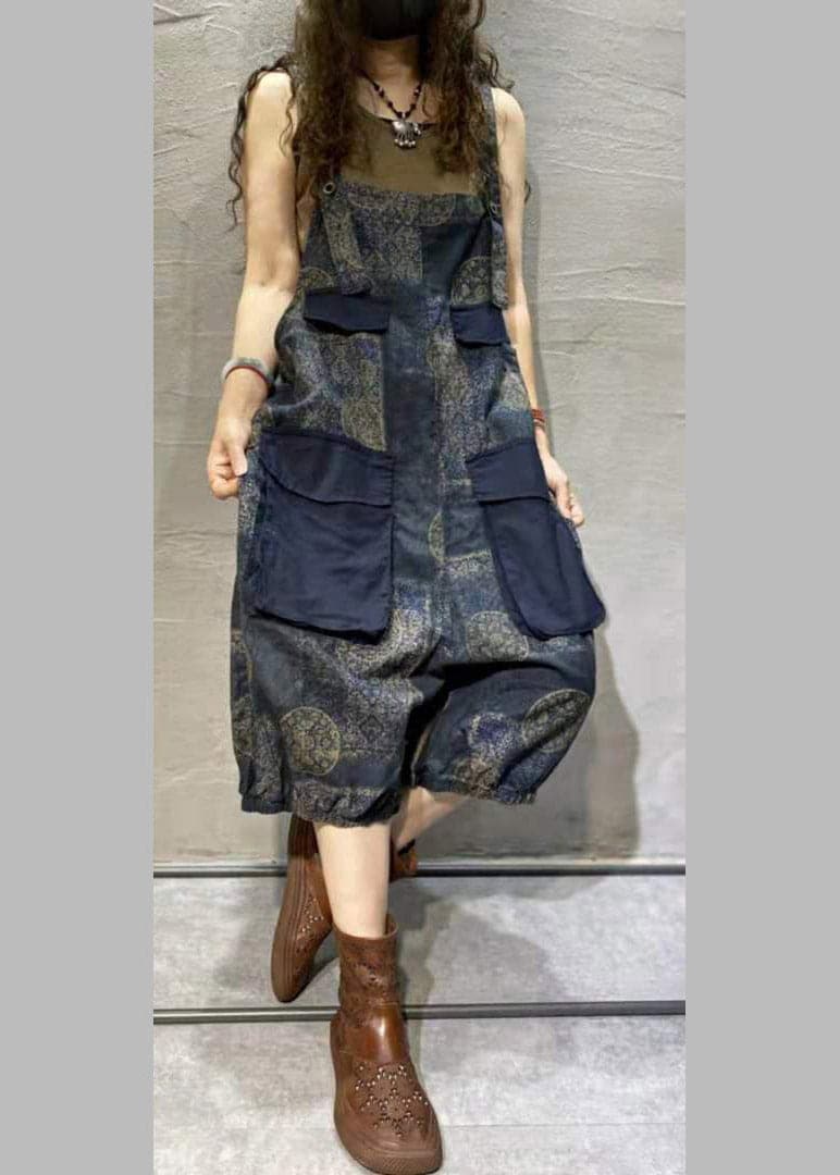Plus Size Blue Print Oversized Pockets Patchwork Cotton Denim Jumpsuit Summer Retro-JPTS220402