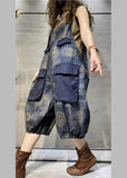 Plus Size Blue Print Oversized Pockets Patchwork Cotton Denim Jumpsuit Summer Retro-JPTS220402