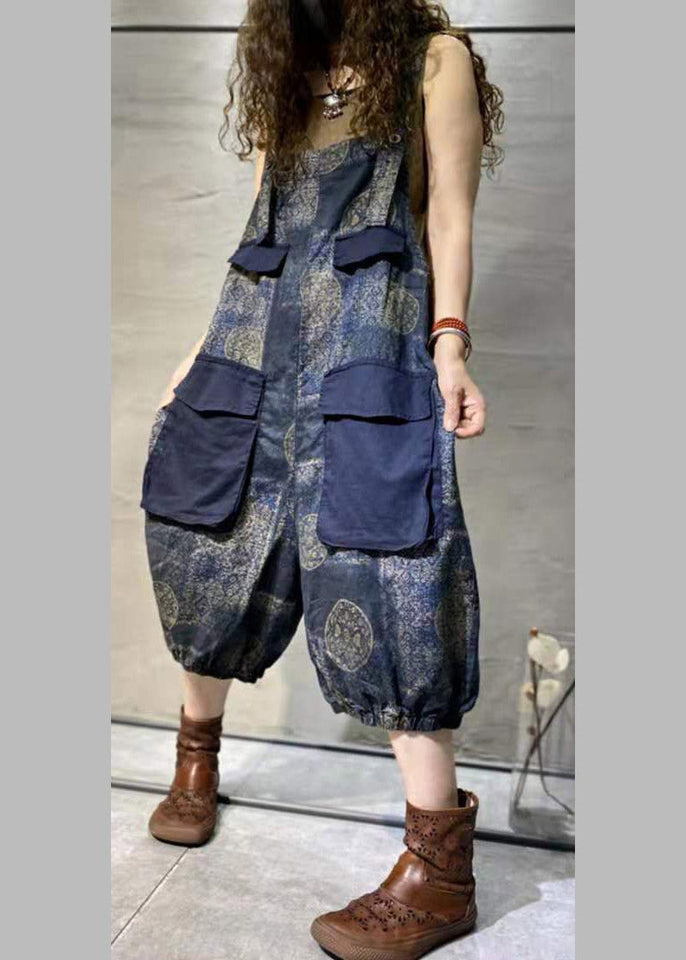 Plus Size Blue Print Oversized Pockets Patchwork Cotton Denim Jumpsuit Summer dylinoshop