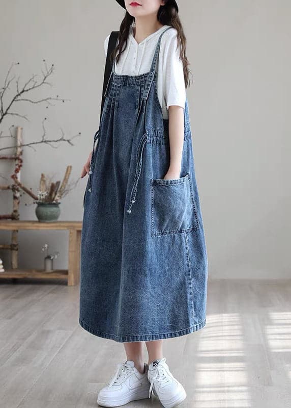 Plus Size Blue drawstring pocket Spaghetti Strap Cotton denim Dress Spring nz-SDL220304