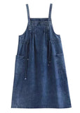 Plus Size Blue drawstring pocket Spaghetti Strap Cotton denim Dress Spring nz-SDL220304