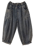 Plus Size Blue elastic waist Pockets denim Pants Spring FJ-LPTS211209