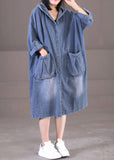Plus Size Denim Blue Hooded Pockets Cotton Long Dress Long Sleeve WG-FDL220722