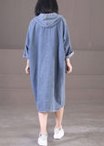Plus Size Denim Blue Hooded Pockets Cotton Long Dress Long Sleeve WG-FDL220722