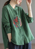 Plus Size Green Embroideried Linen Shirt Top Long Sleeve GK-LTP220301
