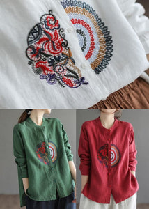 Plus Size Green Embroideried Linen Shirt Top Long Sleeve GK-LTP220301
