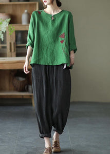 Plus Size Green Loose Embroideried Fall Linen Shirt Tops Long Sleeve GK-LTP210810