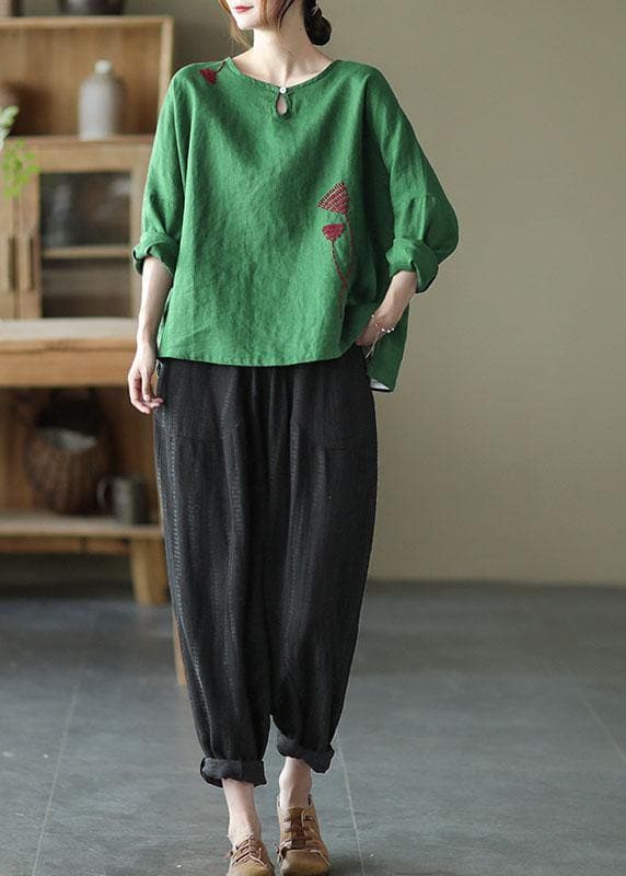 Plus Size Green Loose Embroideried Fall Linen Shirt Tops Long Sleeve GK-LTP210810