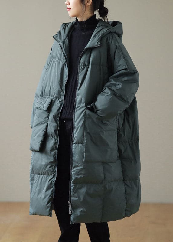 Plus Size Green hooded Zippered Pockets Winter Down Coat Long sleeve WT-WG-DJK210914