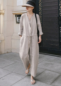 Plus Size Grey V Neck Button Linen Jumpsuit Spring dylinoshop