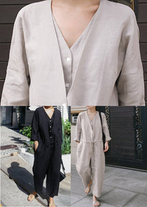 Plus Size Grey V Neck Button Linen Jumpsuit Spring dylinoshop