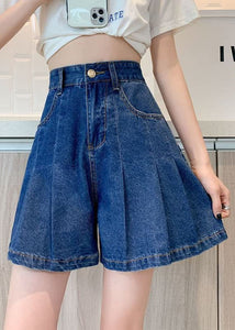 Plus Size Navy Pockets Denim Cotton Loose Pleated Shorts Summer nz-SPTS220524
