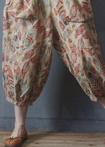 Plus Size V Neck Print Pockets Linen Jumpsuit Half Sleeve dylinoshop