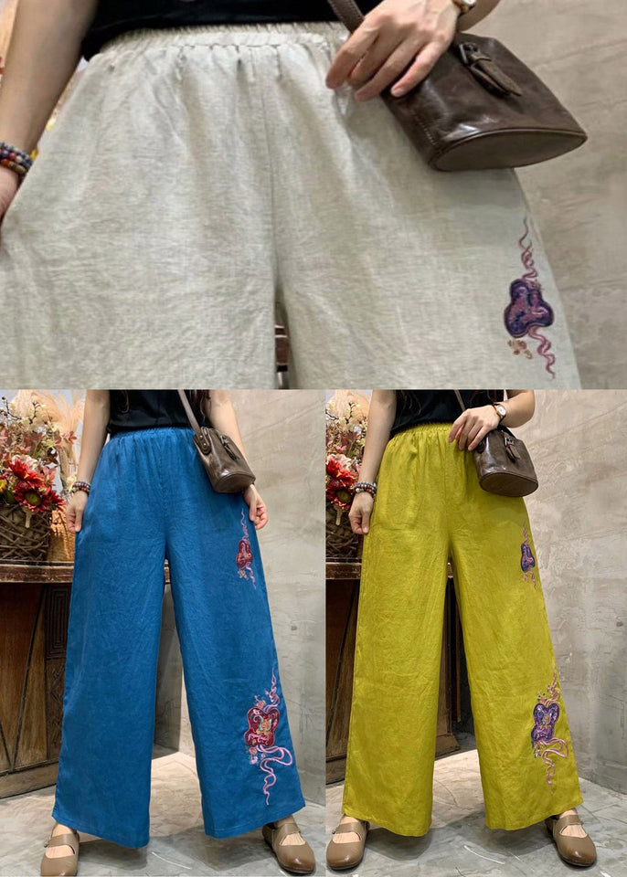 Plus Size Yellow Embroideried Linen Wide Leg Pants Summer GK-LPTS220328