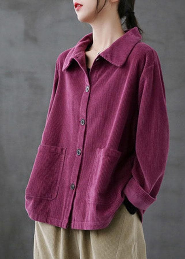 Purple Loose Pockets Shirt Top Long Sleeve Corduroy Coat GK-LTP210715