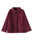 Purple Loose Pockets Shirt Top Long Sleeve Corduroy Coat GK-LTP210715