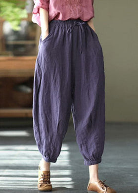 Purple Solid Linen Beam Pants Elastic Waist Wrinkled Summer GK-CPTS220523
