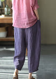 Purple Solid Linen Beam Pants Elastic Waist Wrinkled Summer GK-CPTS220523