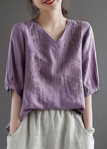 Purple V Neck Floral Embroideried T Shirt Half Sleeve GK-HTP220419