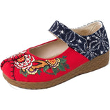 Red Cotton Embroideried Fabric Flat Shoes For Women Splicing Flats PDX210706