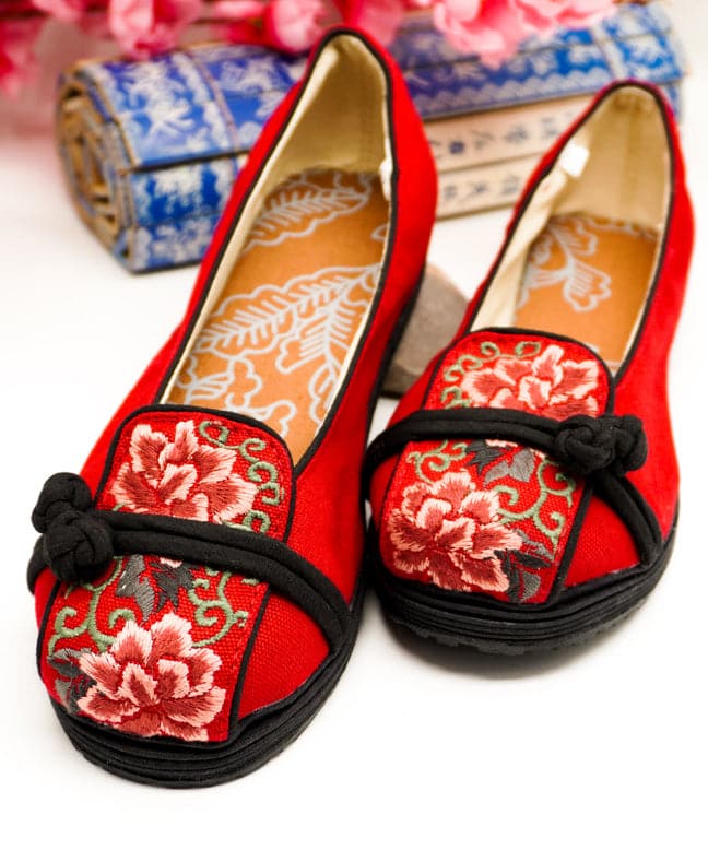 Red Cotton Fabric Flat Shoes For Women Embroideried Flat Feet Shoes SHOE-PDX220328