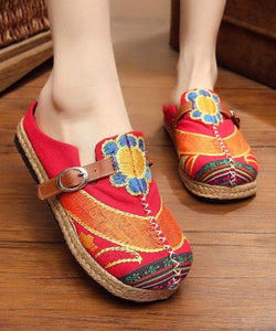 Red Cotton Linen Embroideried Fabric Vintage Buckle Strap Thong Sandals LT210706