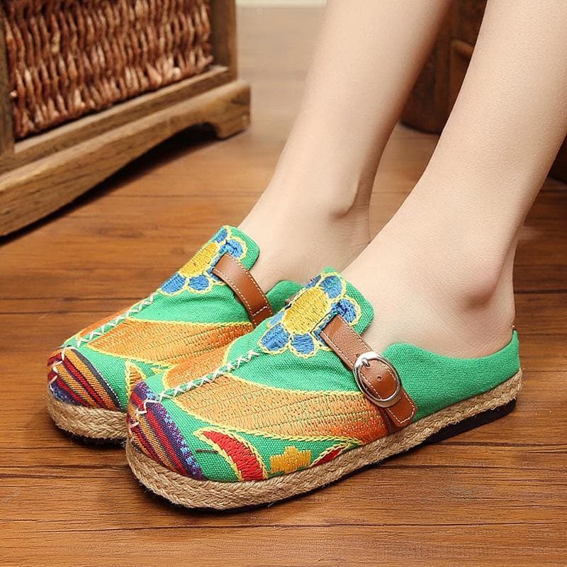 Red Cotton Linen Embroideried Fabric Vintage Buckle Strap Thong Sandals LT210706