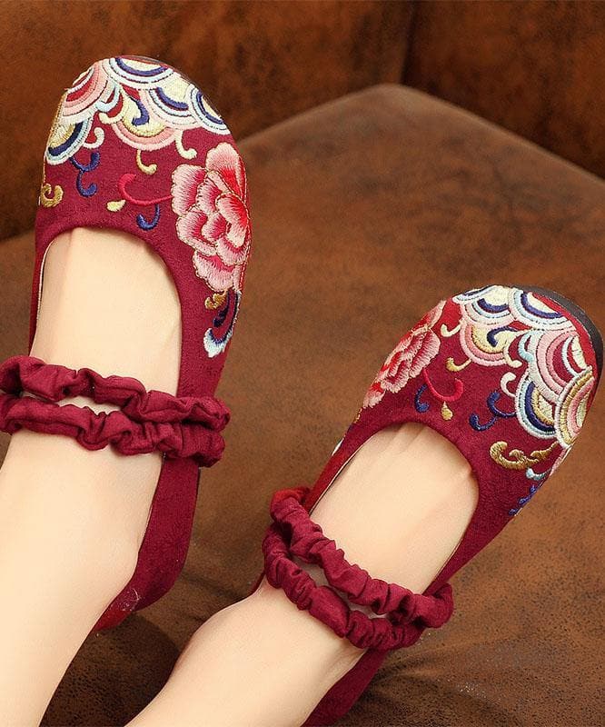 Red Embroideried Cotton Linen Fabric Flat Shoes Lace Up Flat Shoes PDX210706
