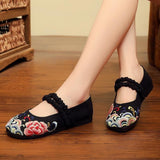 Red Embroideried Cotton Linen Fabric Flat Shoes Lace Up Flat Shoes PDX210706