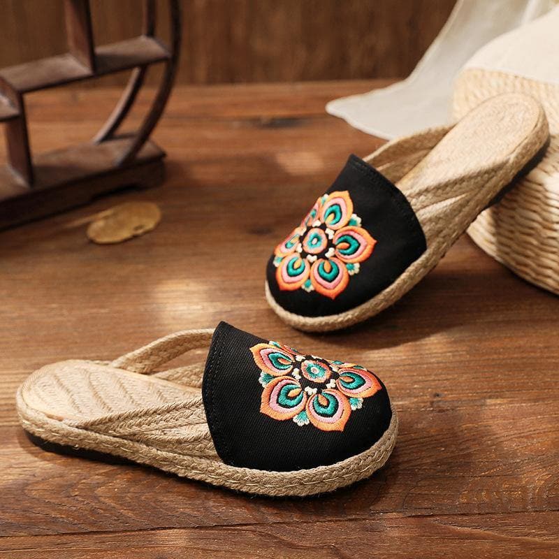 Red Embroideried Cotton Linen Fabric Slippers Shoes LT210630