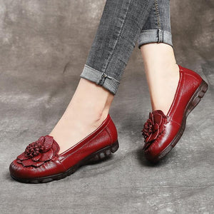 Red Floral Cowhide Leather Flat Shoes For Women  Flat XZ-PDX210728