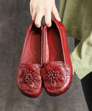 Red Floral Cowhide Leather Flat Shoes For Women  Flat XZ-PDX210728