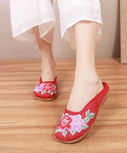 Red Slide Sandals Floral Embroideried Linen Fabric Slides For Women BX-LT220407