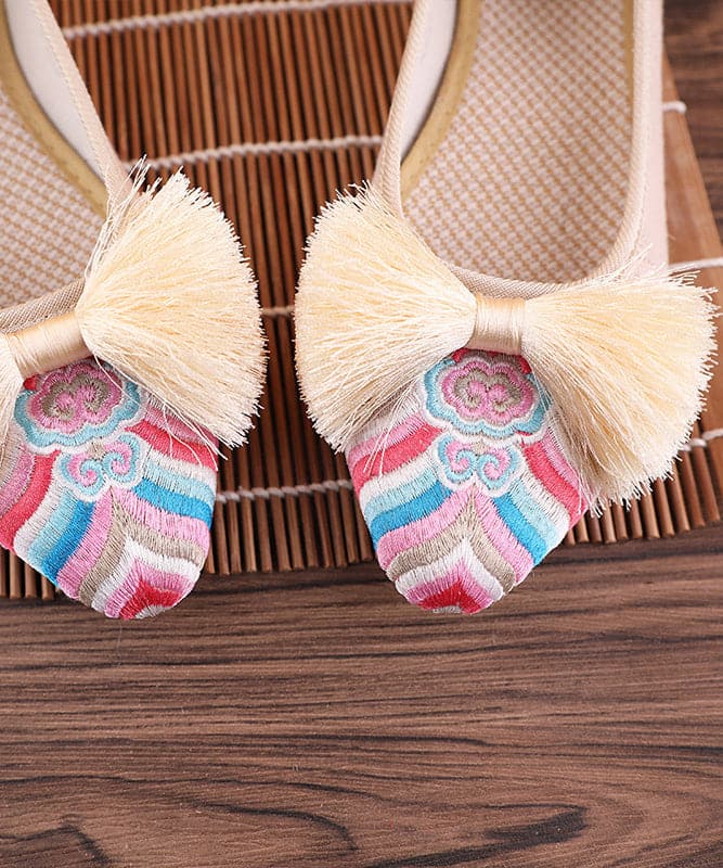 Retro Pink Embroideried Tassel Cotton Fabric Flat Shoes For Women SHOE-PDX220328