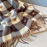 Women Cashmere Knitted Heart-pattern Plaid Scarf dylinoshop