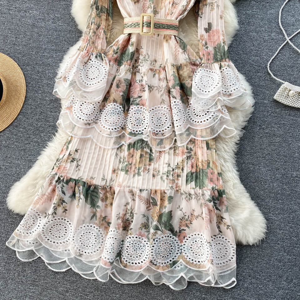Women Flare Sleeve Embroidered Mesh Patchwork Chiffon Ruffles Pleated Dresses dylinoshop