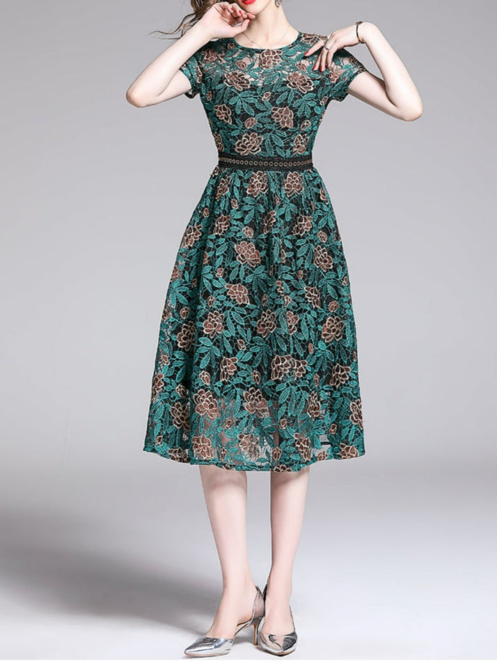 Women Embroidery Vintage Elegant Lace O-Neck Midi Dress dylinoshop