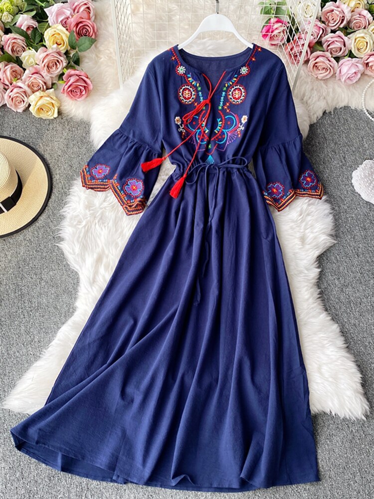 Women Embroidery Lacing Long A-line Dress dylinoshop