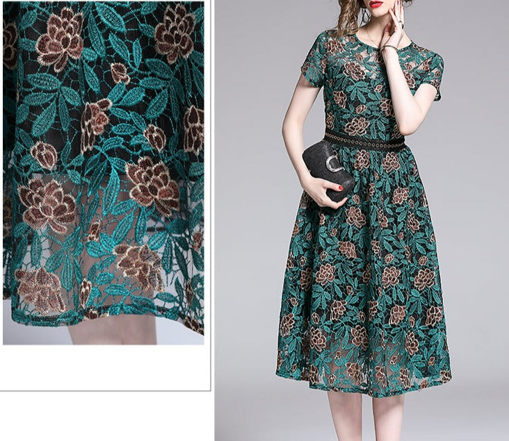 Women Embroidery Vintage Elegant Lace O-Neck Midi Dress dylinoshop