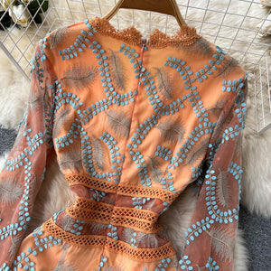 Women Embroidery Mesh Slim A Line Splice Chic Dress dylinoshop