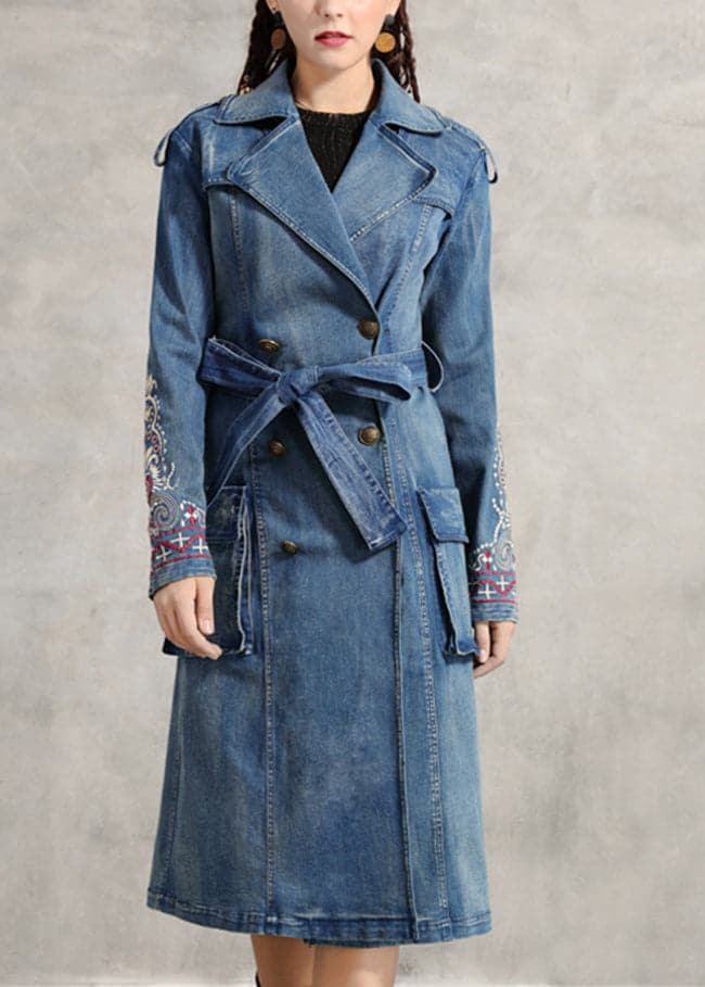Simple Blue Peter Pan Collar Pockets Embroideried double breast Sashes Cotton Denim trench coats Spring NZ-TCT220304